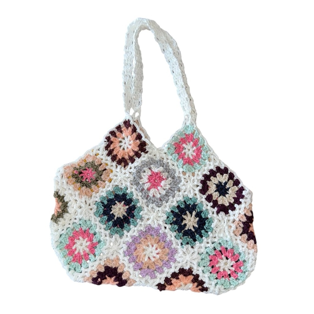 Handmade Crochet Purse Granny Squares White Multi Colored Small HandBag Bag New